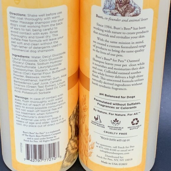 2 Bottles Burt's Bees Dogs Oatmeal Shampoo with Colloidal Oat Flour Honey 16 Oz - Picture 3 of 3